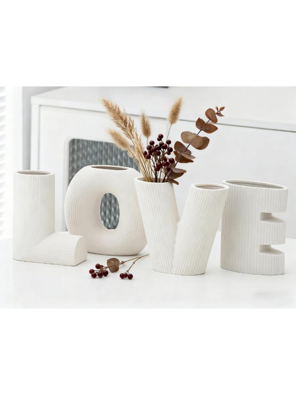 Set of 4 White Ceramic Vases - Modern Farmhouse Decor for Living Room & Dining
